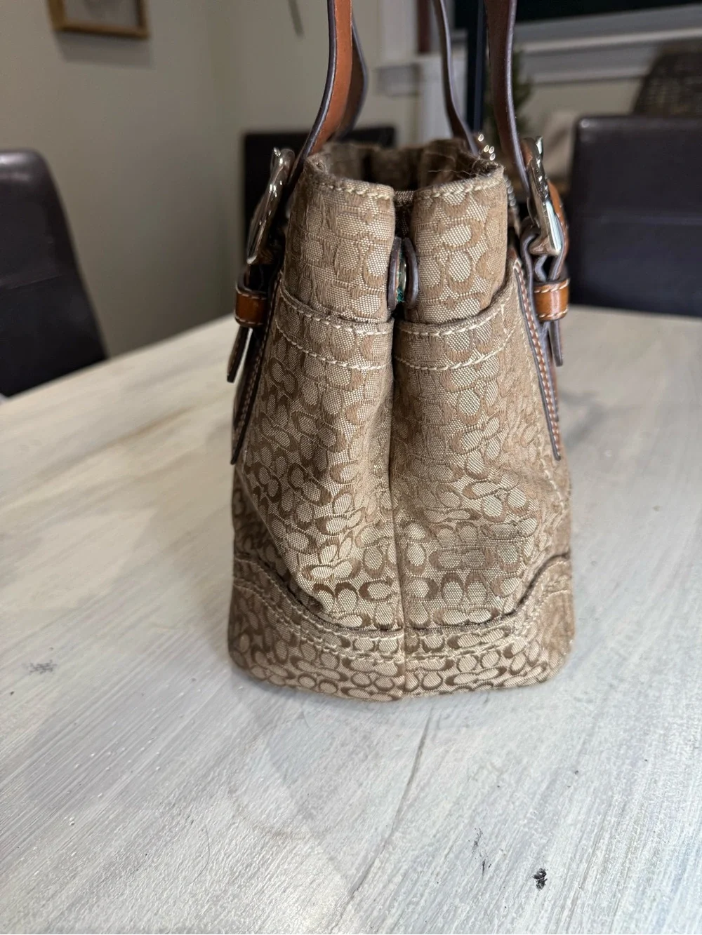 Coach SoHo Mini C Brown Signature Canvas Small Tote with Leather Trim